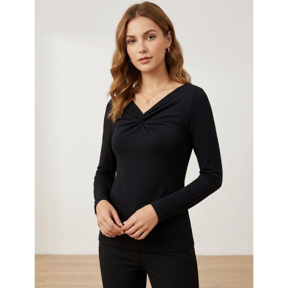 BOSS Hugo Boss Jersey Knit Top Blouse M Stretch Career Basic Layer Black Everie
